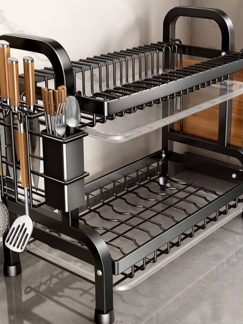 Escorredor de Louça Duplo Multifuncional Suporte para Pratos, Talheres e Tábua de Corte