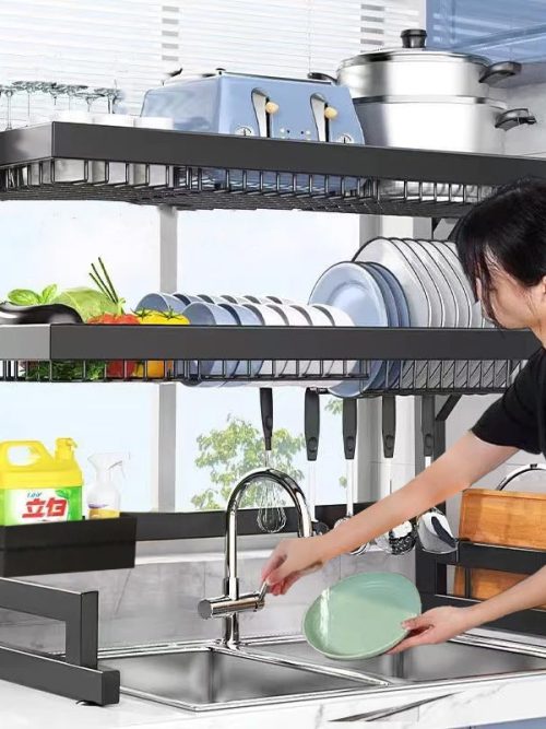 Escorredor De Louça Suspenso Kitchen Rack Aço Inoxidável Organizador Louça Preto 65/85cm Com 4 presentes