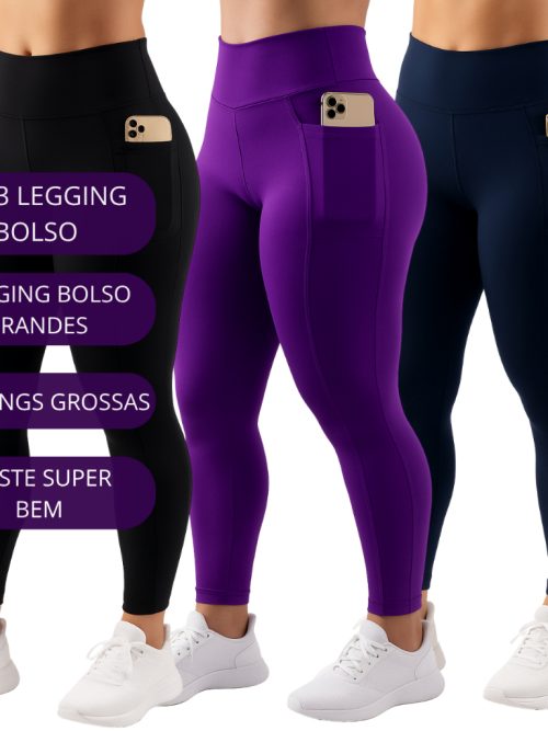 Kit 3 Calça Legging Feminina com Bolso Lateral Fitness Esportiva ideal guardar objetos
