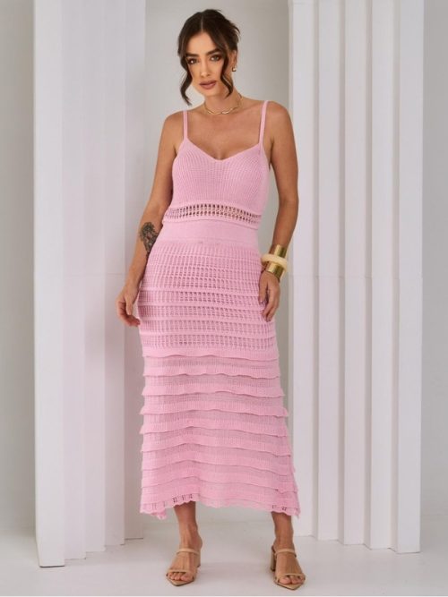 Vestido Babado Midi com forro Tricô Elegante Vestido tricot Vestido Tricô Vestido crochê Vestido Babados Verao Primavera