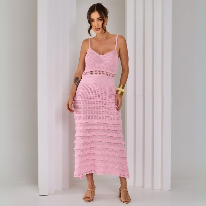 Vestido Babado Midi com forro Tricô Elegante Vestido tricot Vestido Tricô Vestido crochê Vestido Babados Verao Primavera